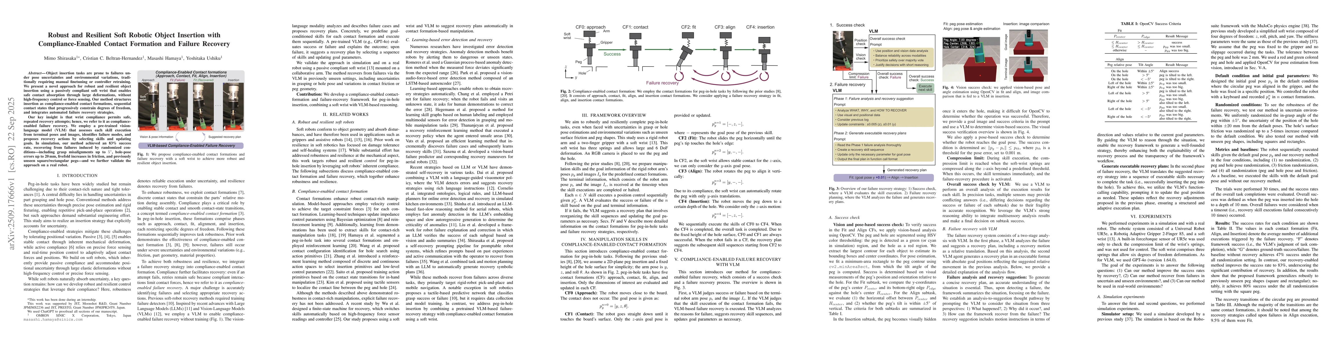 Thumbnail for Robust and Resilient Soft Robotic Object Insertion with
  Compliance-Enabled Contact Formation and Failure Recovery