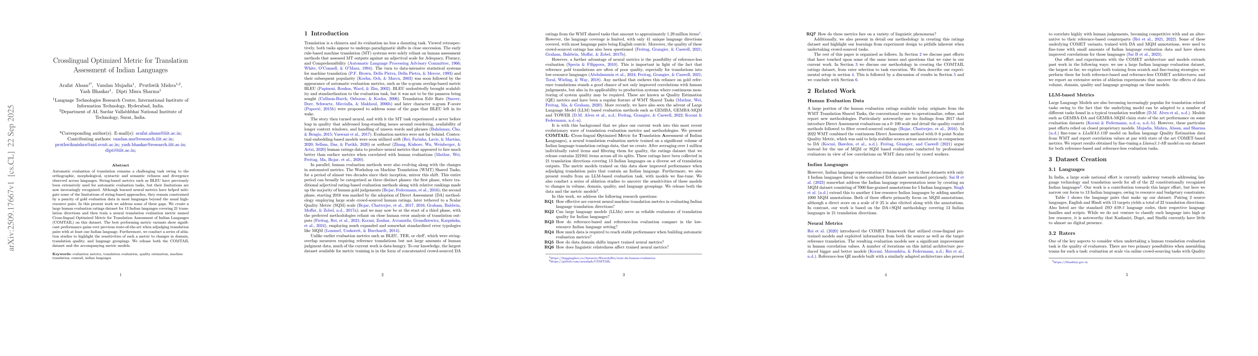 Thumbnail for Crosslingual Optimized Metric for Translation Assessment of Indian
  Languages