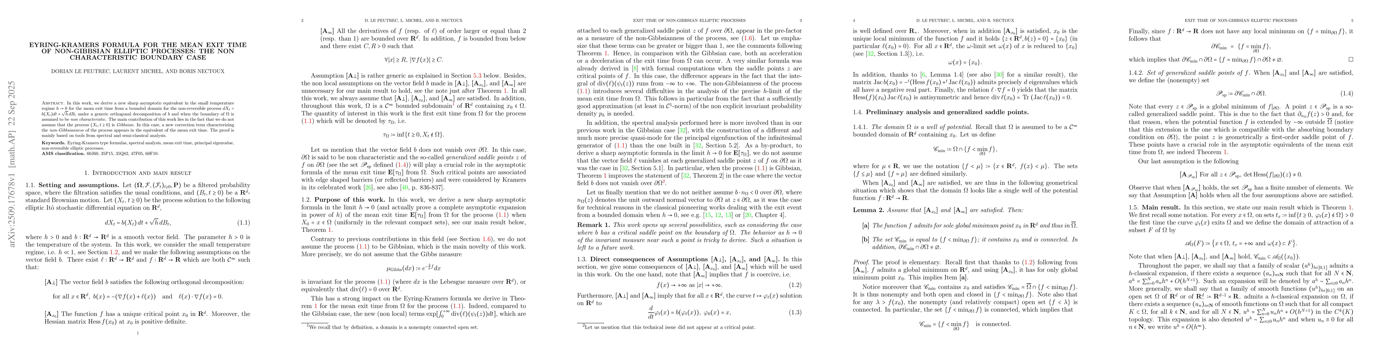 Thumbnail for Eyring-Kramers formula for the mean exit time of non-Gibbsian elliptic
  processes: the non characteristic boundary case