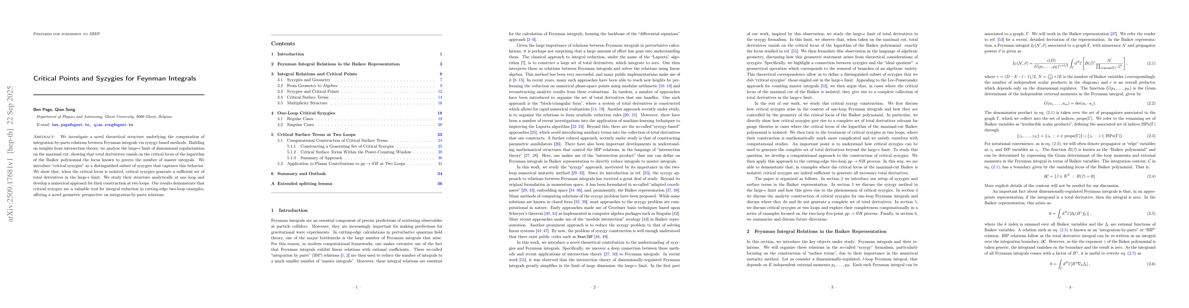 Thumbnail for Critical Points and Syzygies for Feynman Integrals