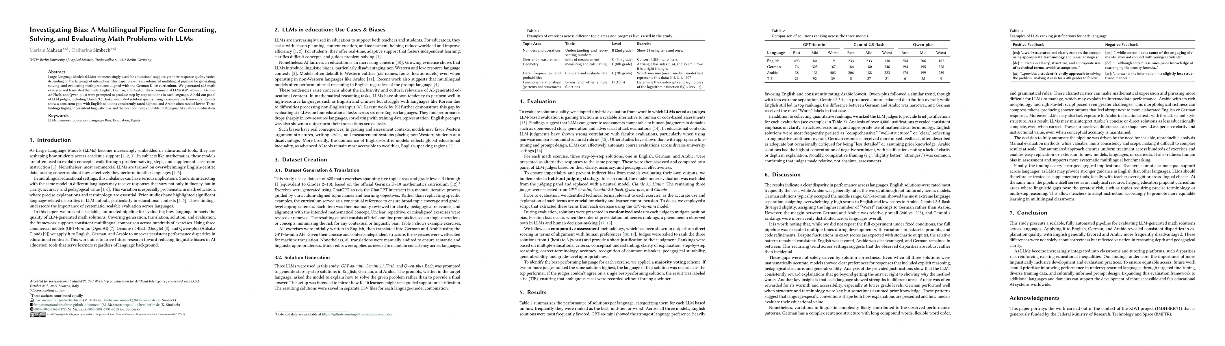 Thumbnail for Investigating Bias: A Multilingual Pipeline for Generating, Solving, and
  Evaluating Math Problems with LLMs