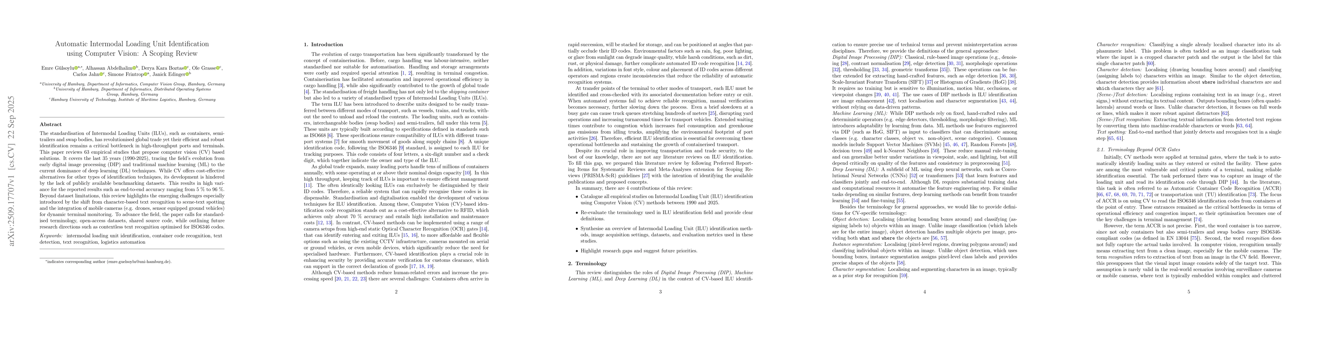 Thumbnail for Automatic Intermodal Loading Unit Identification using Computer Vision:
  A Scoping Review