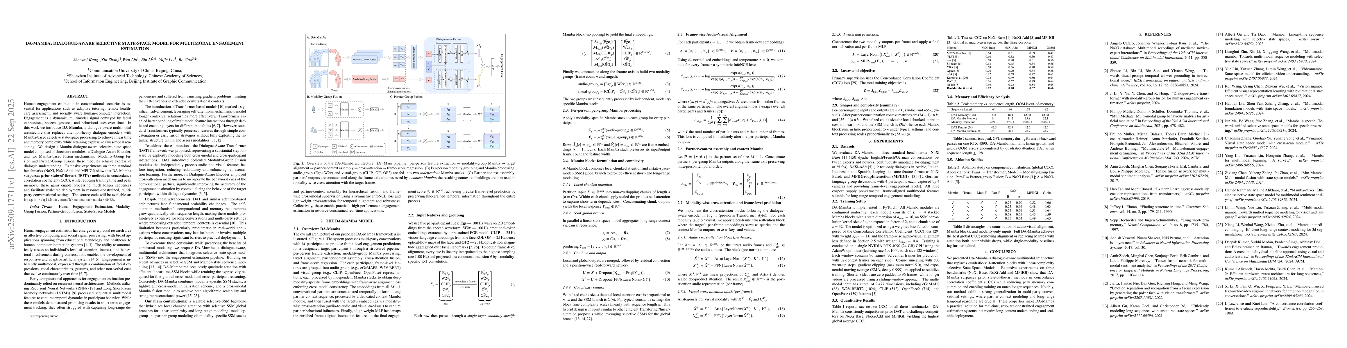 Thumbnail for DA-Mamba: Dialogue-aware selective state-space model for multimodal
  engagement estimation