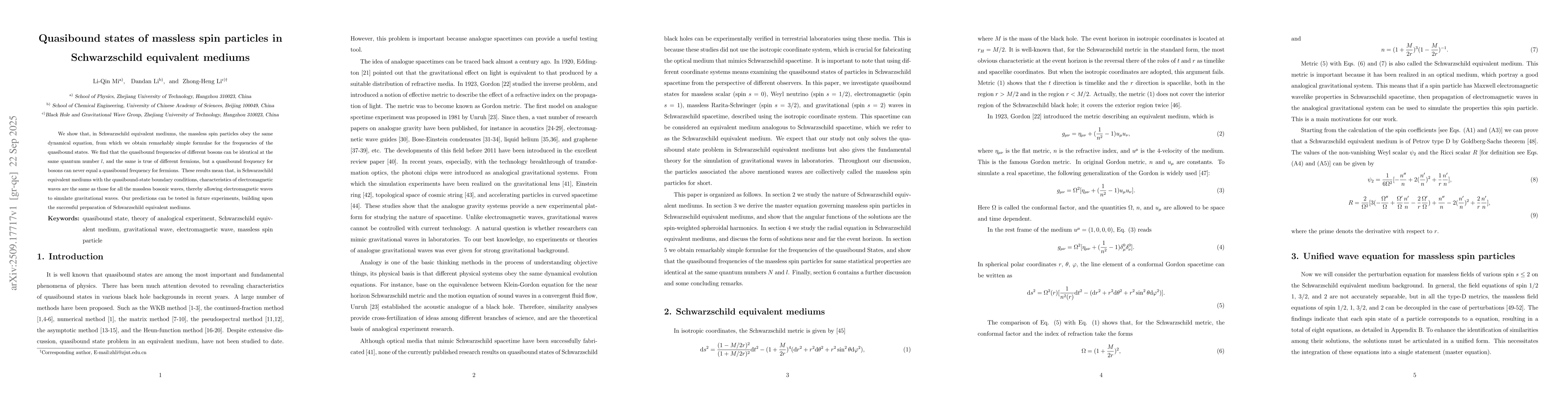 Thumbnail for Quasibound states of massless spin particles in Schwarzschild equivalent
  mediums