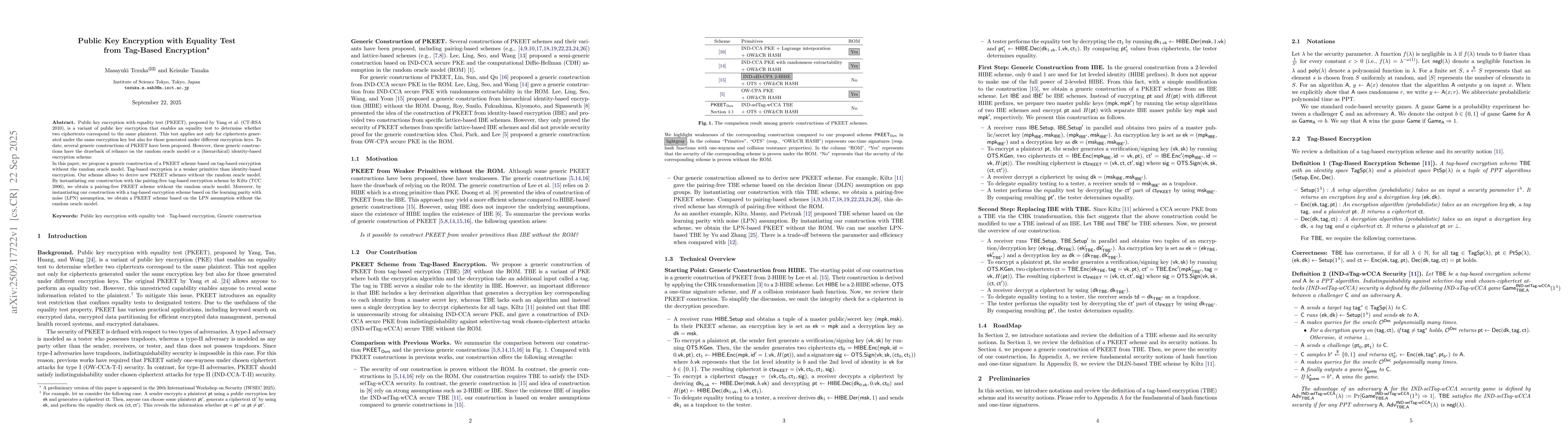 Thumbnail for Public Key Encryption with Equality Test from Tag-Based Encryption