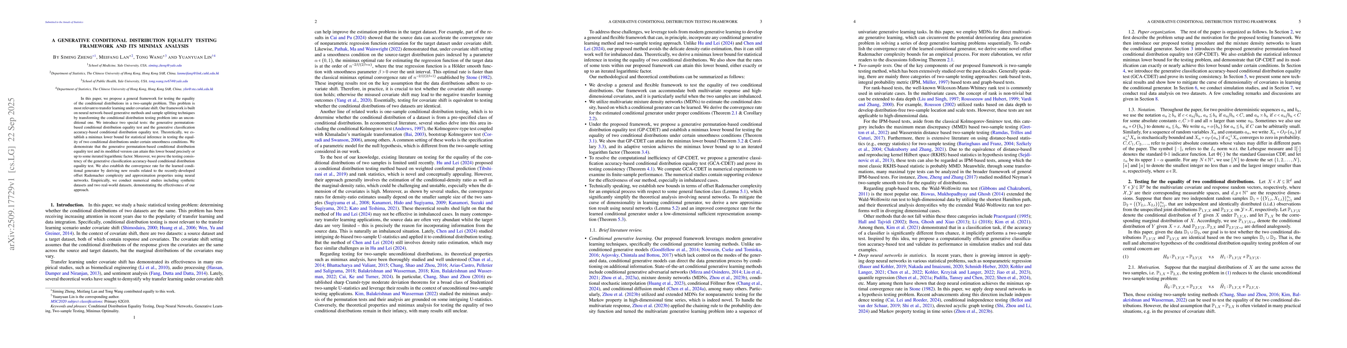 Thumbnail for A Generative Conditional Distribution Equality Testing Framework and Its
  Minimax Analysis
