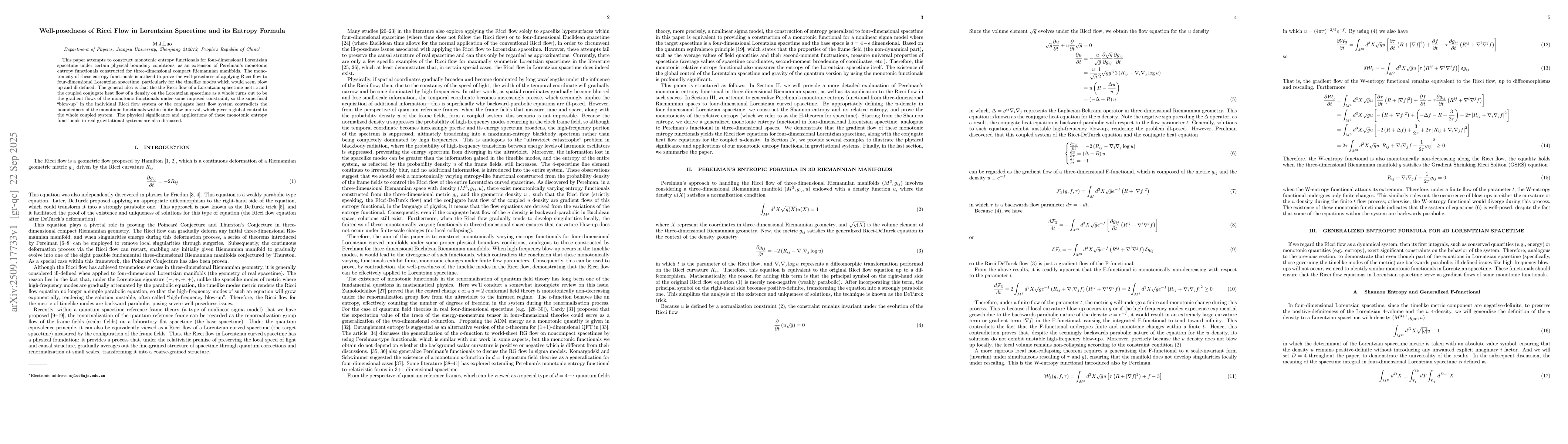 Thumbnail for Well-posedness of Ricci Flow in Lorentzian Spacetime and its Entropy
  Formula