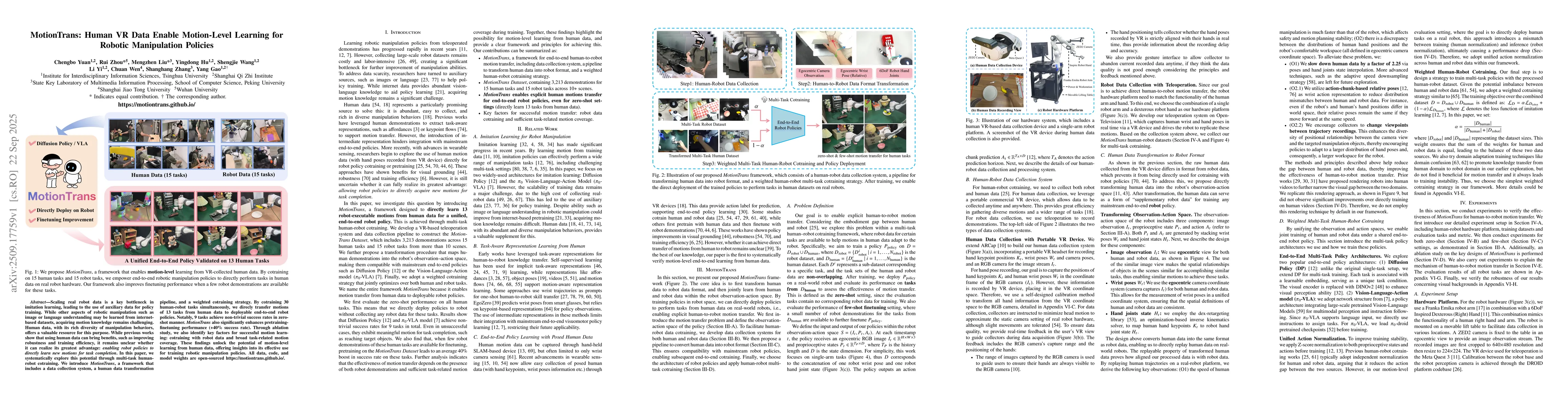 Thumbnail for MotionTrans: Human VR Data Enable Motion-Level Learning for Robotic
  Manipulation Policies