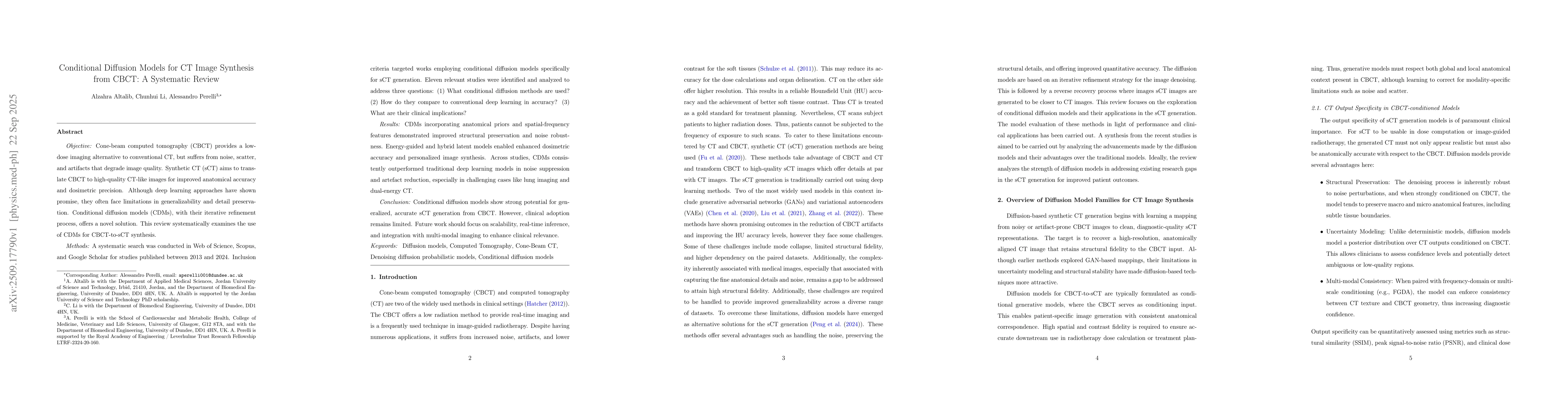 Thumbnail for Conditional Diffusion Models for CT Image Synthesis from CBCT: A
  Systematic Review