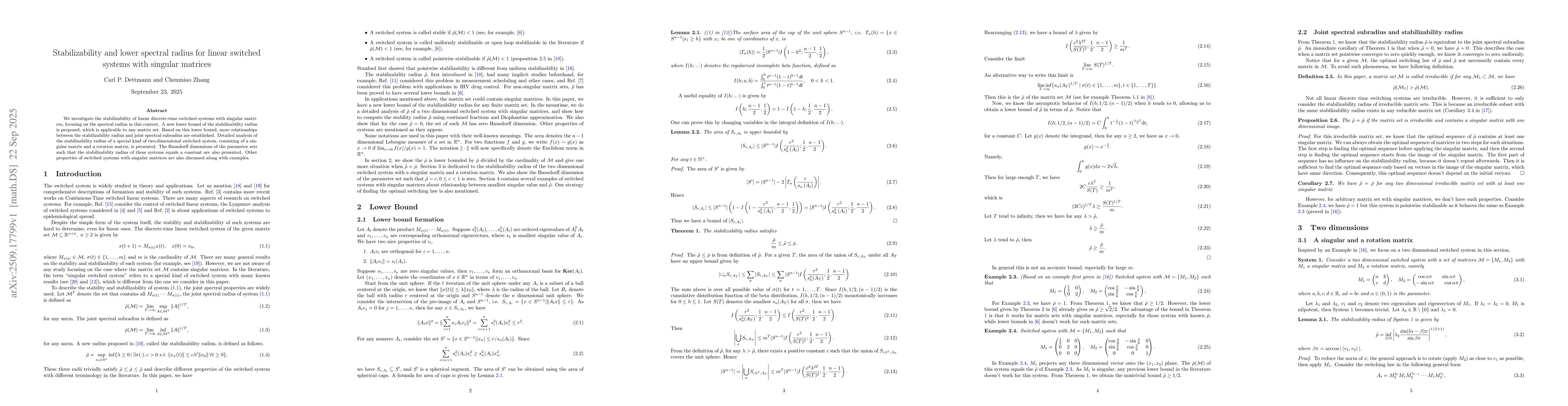 Thumbnail for Stabilizability and lower spectral radius for linear switched systems
  with singular matrices