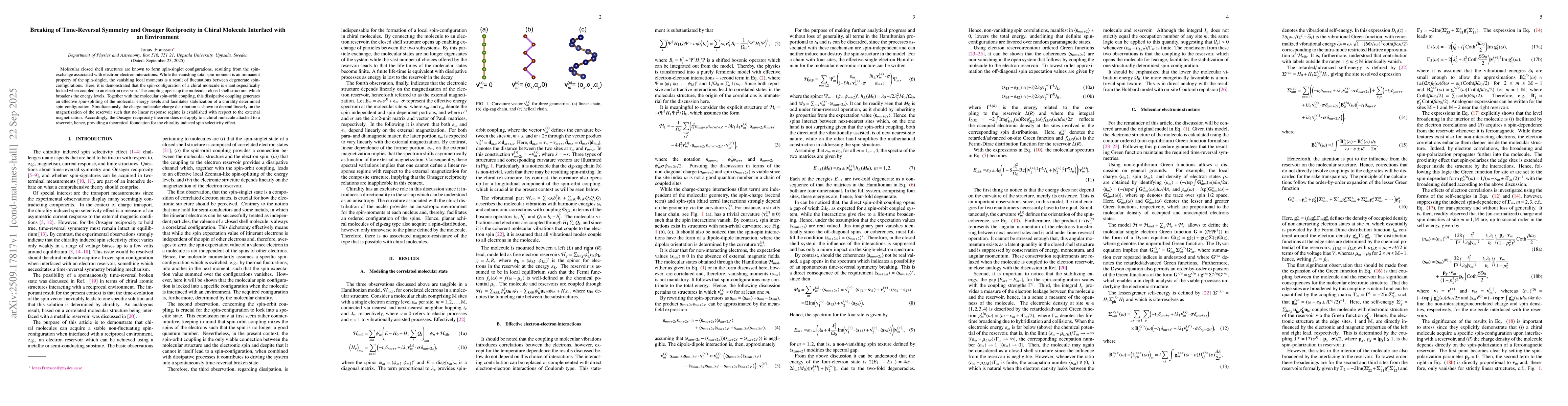 Thumbnail for Breaking of Time-Reversal Symmetry and Onsager Reciprocity in Chiral
  Molecule Interfacd with an Environment