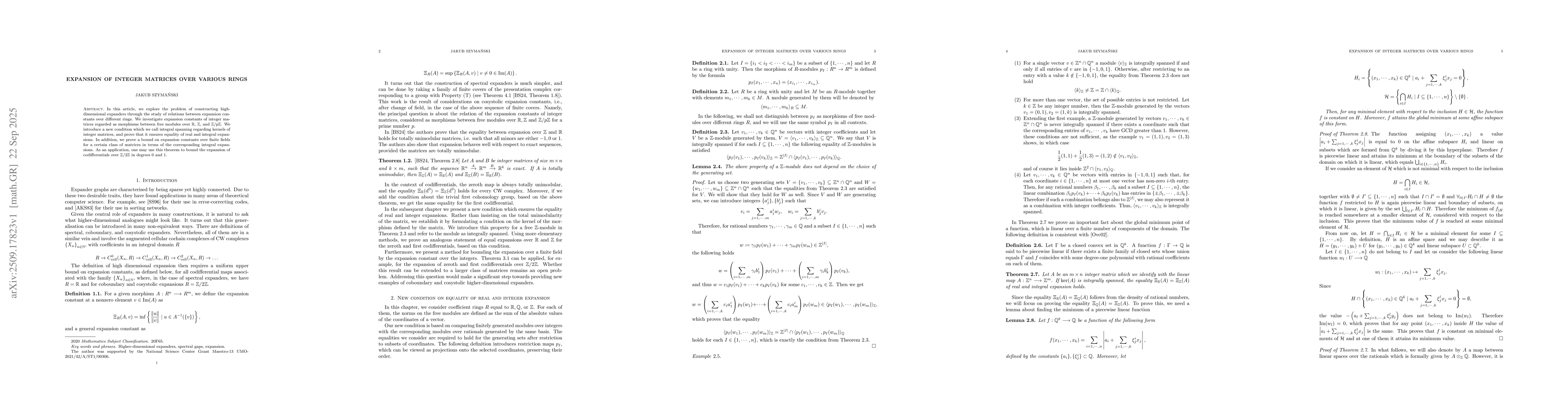 Thumbnail for Expansion of Integer Matrices over Various Rings
