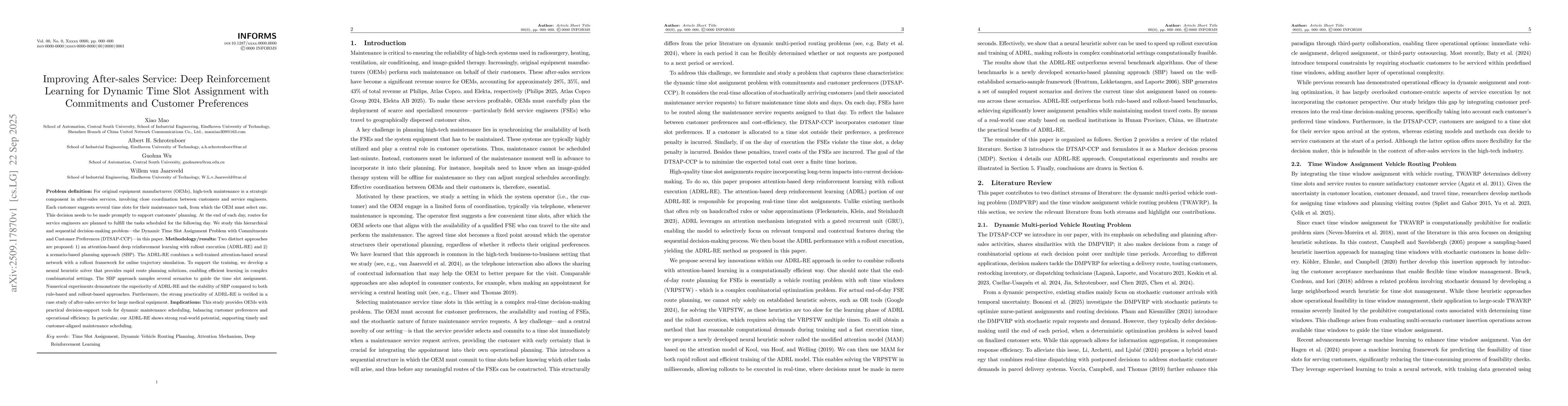 Thumbnail for Improving After-sales Service: Deep Reinforcement Learning for Dynamic
  Time Slot Assignment with Commitments and Customer Preferences