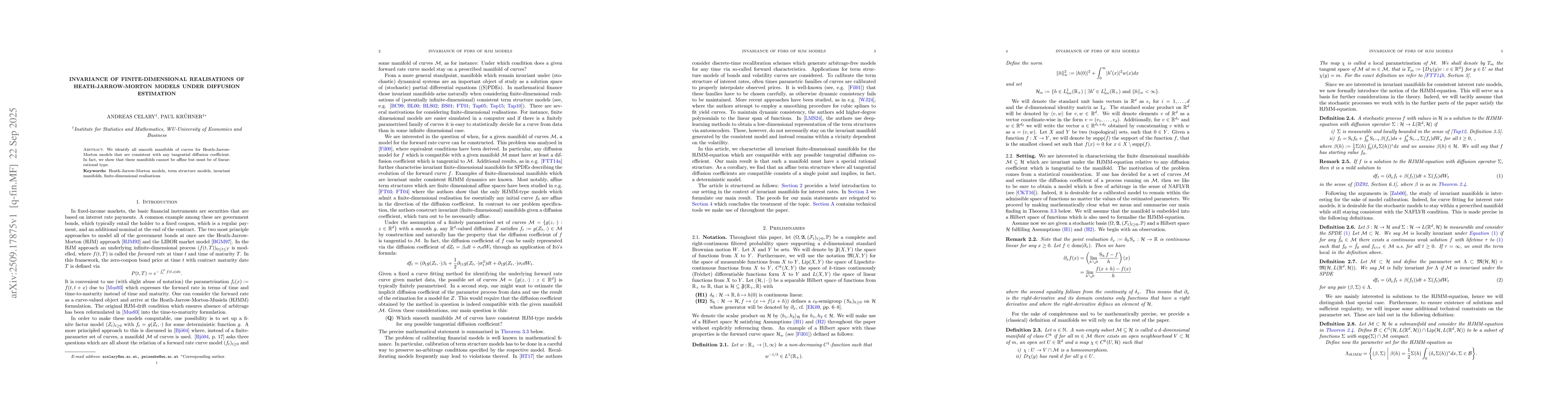 Thumbnail for Invariance of finite-dimensional realisations of Heath-Jarrow-Morton
  models under diffusion estimation