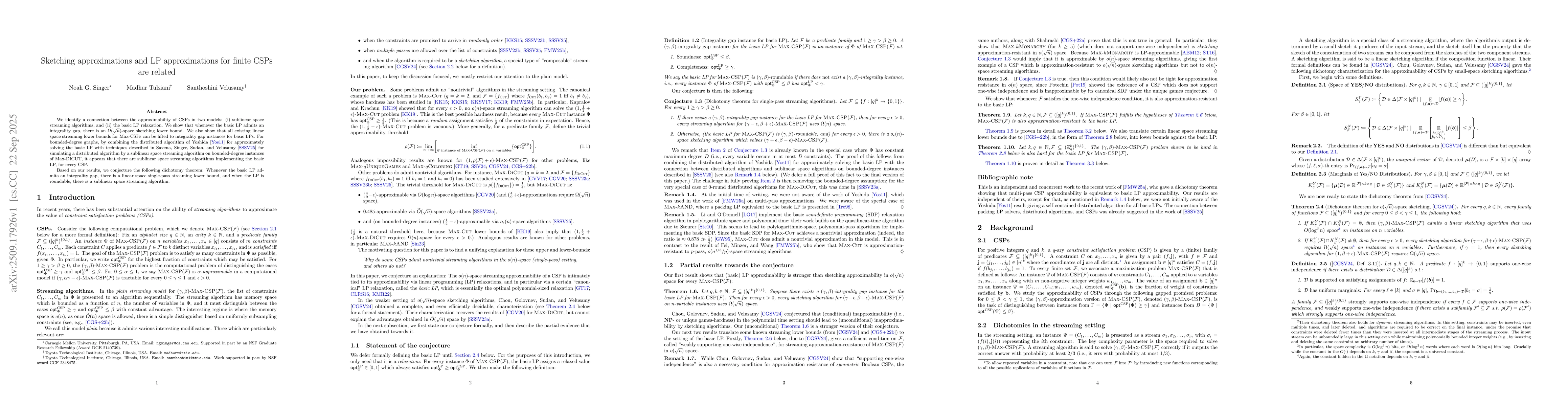 Thumbnail for Sketching approximations and LP approximations for finite CSPs are
  related