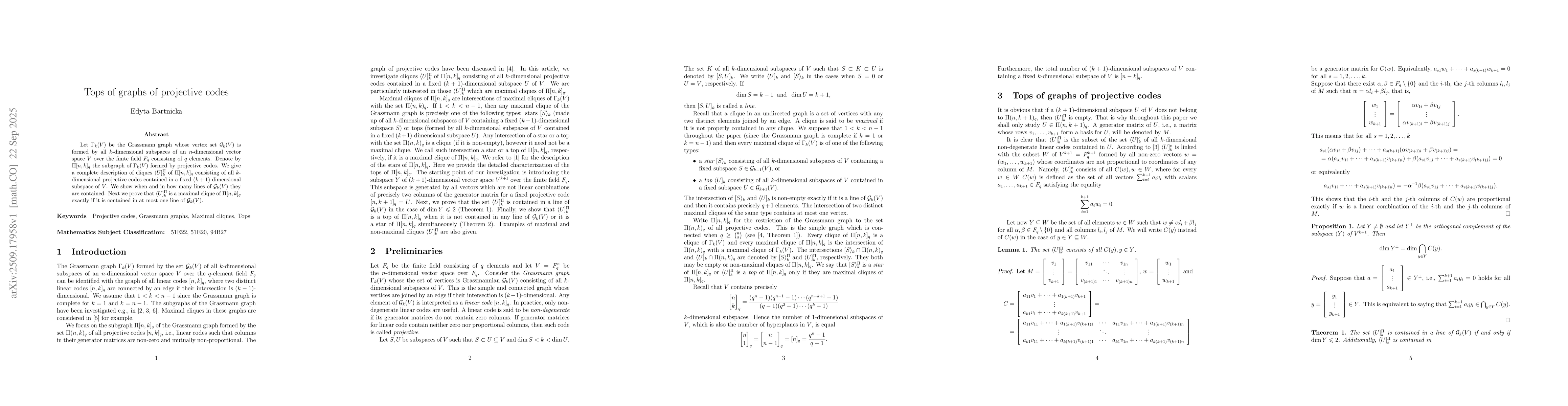 Thumbnail for Tops of graphs of projective codes