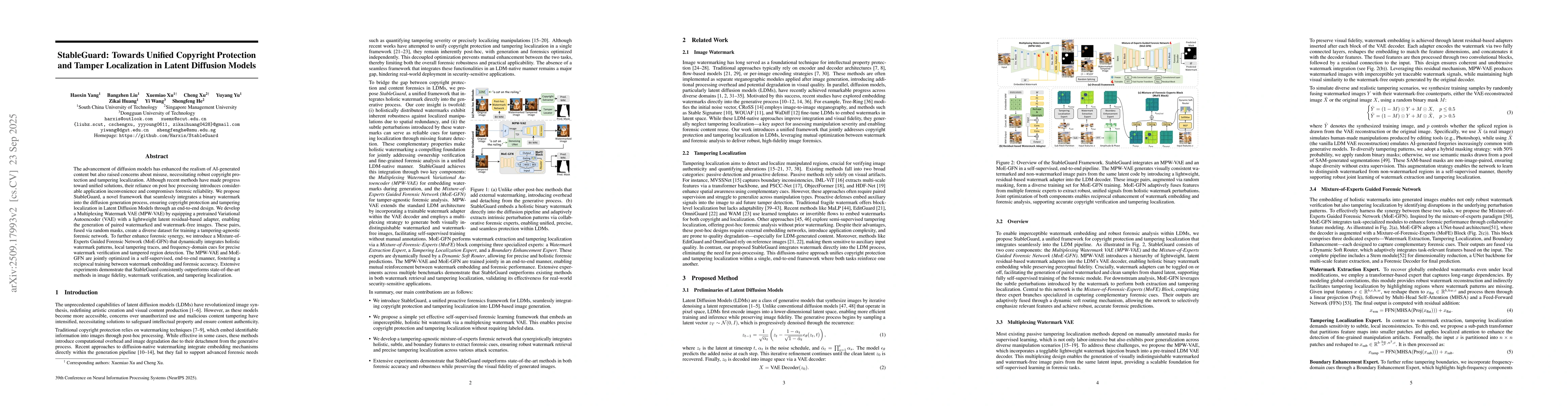 Thumbnail for StableGuard: Towards Unified Copyright Protection and Tamper
  Localization in Latent Diffusion Models