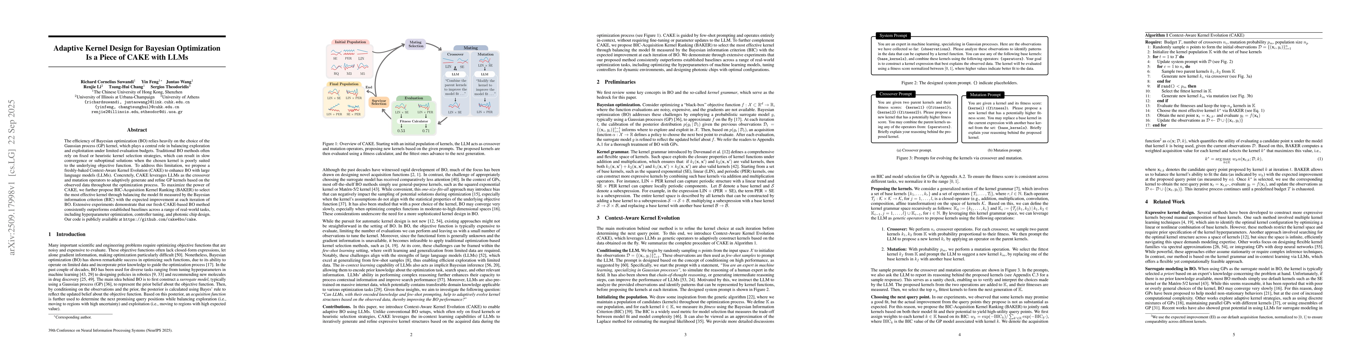 Thumbnail for Adaptive Kernel Design for Bayesian Optimization Is a Piece of CAKE with
  LLMs