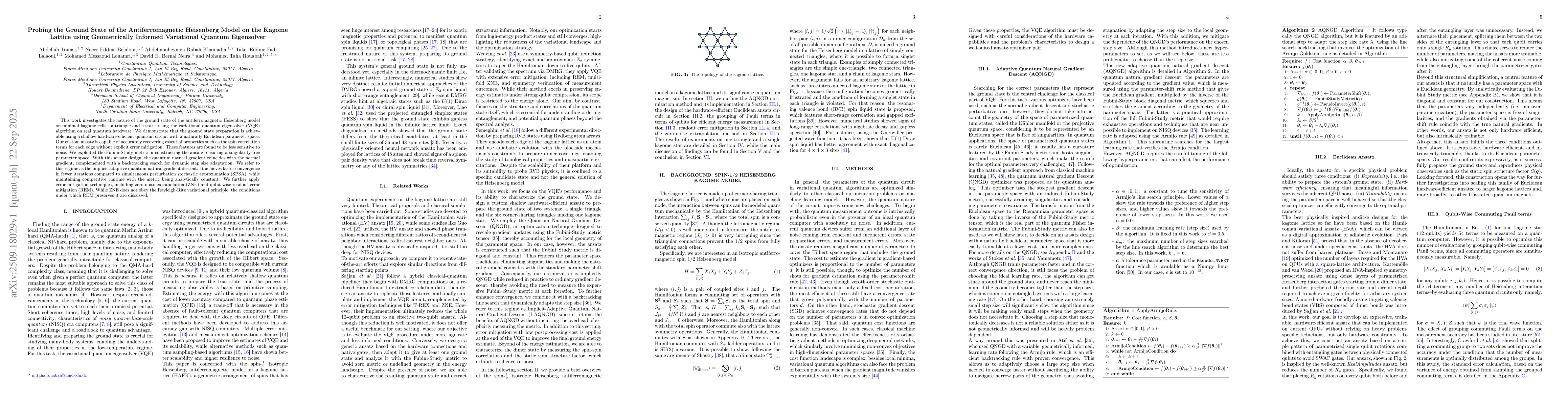 Thumbnail for Probing the Ground State of the Antiferromagnetic Heisenberg Model on
  the Kagome Lattice using Geometrically Informed Variational Quantum
  Eigensolver