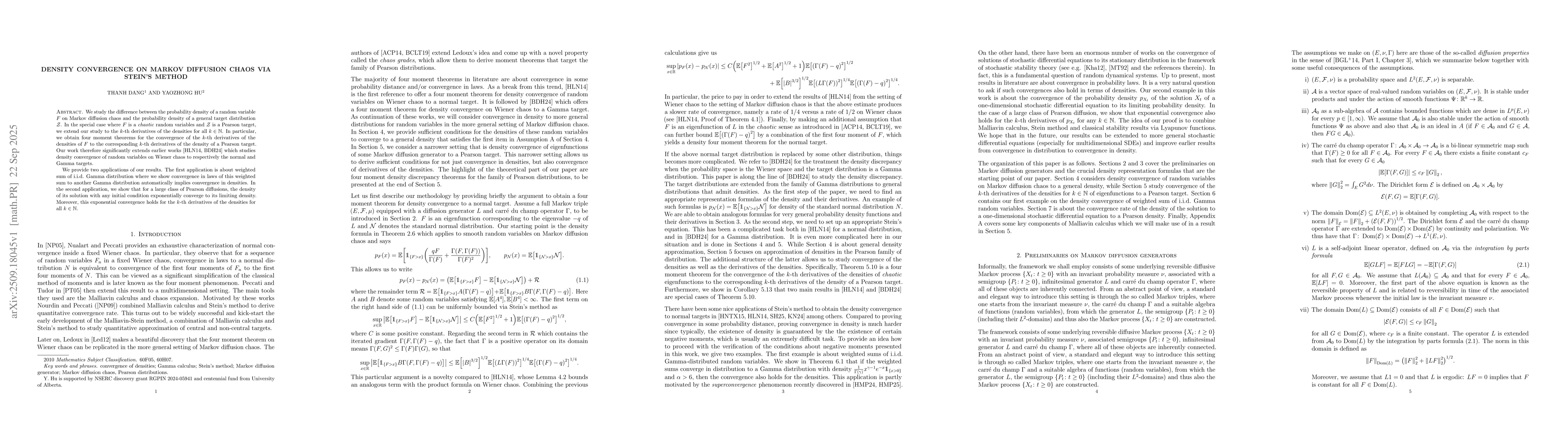Thumbnail for Density convergence on Markov diffusion chaos via Stein's method