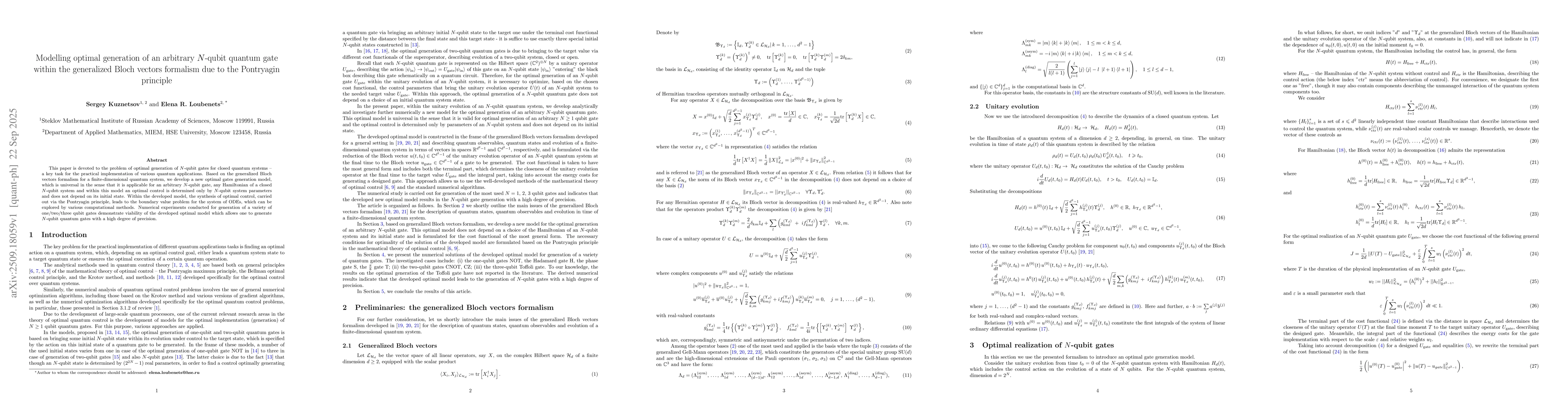 Thumbnail for Modelling optimal generation of an arbitrary N-qubit quantum gate within
  the generalized Bloch vectors formalism due to the Pontryagin principle