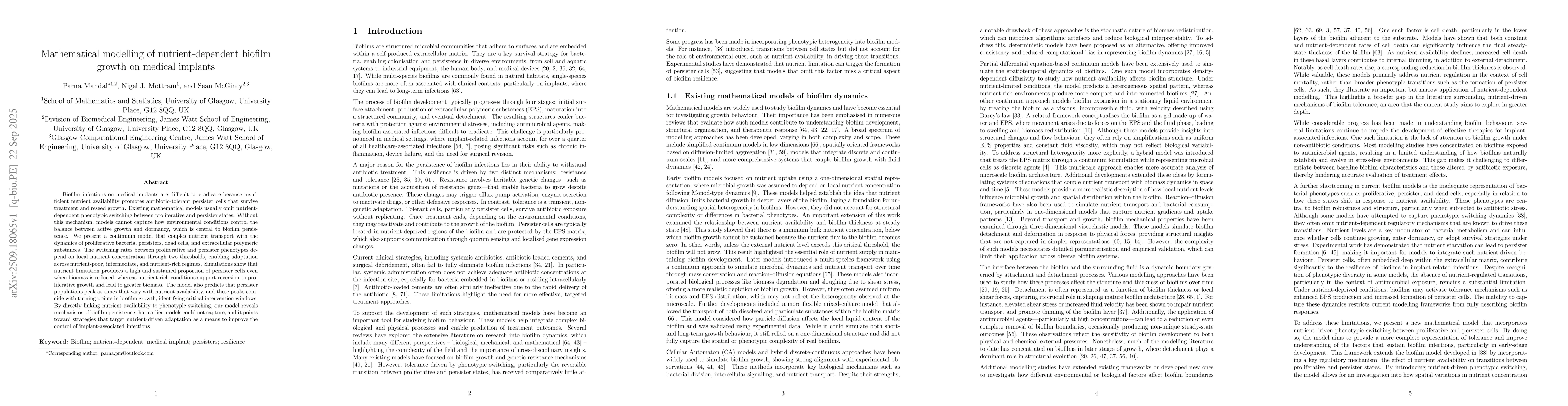 Thumbnail for Mathematical modelling of nutrient-dependent biofilm growth on medical
  implants