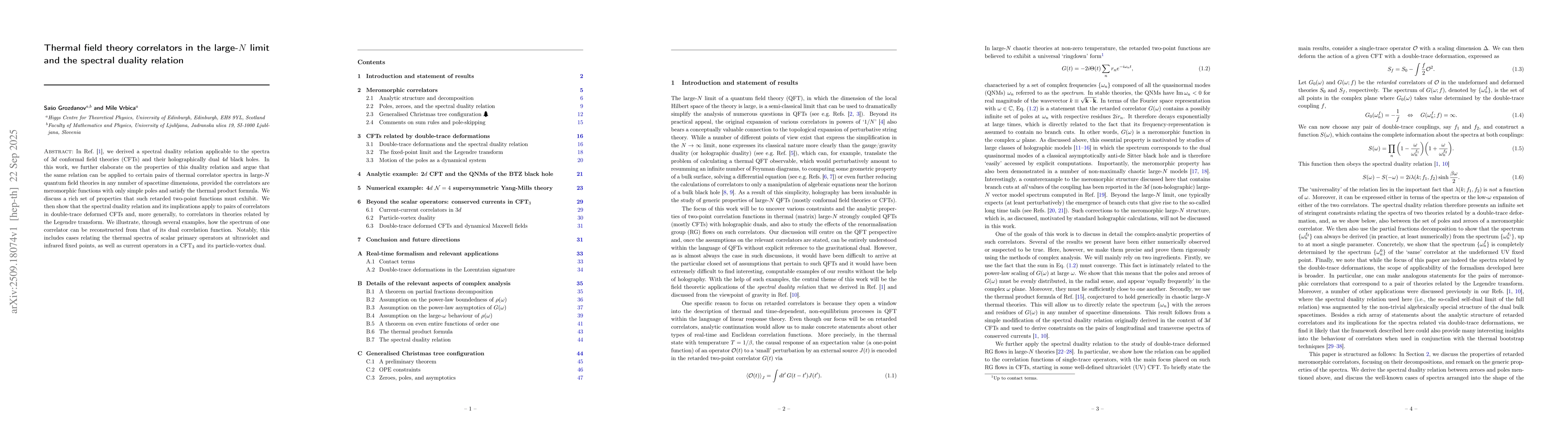 Thumbnail for Thermal field theory correlators in the large-$N$ limit and the spectral
  duality relation