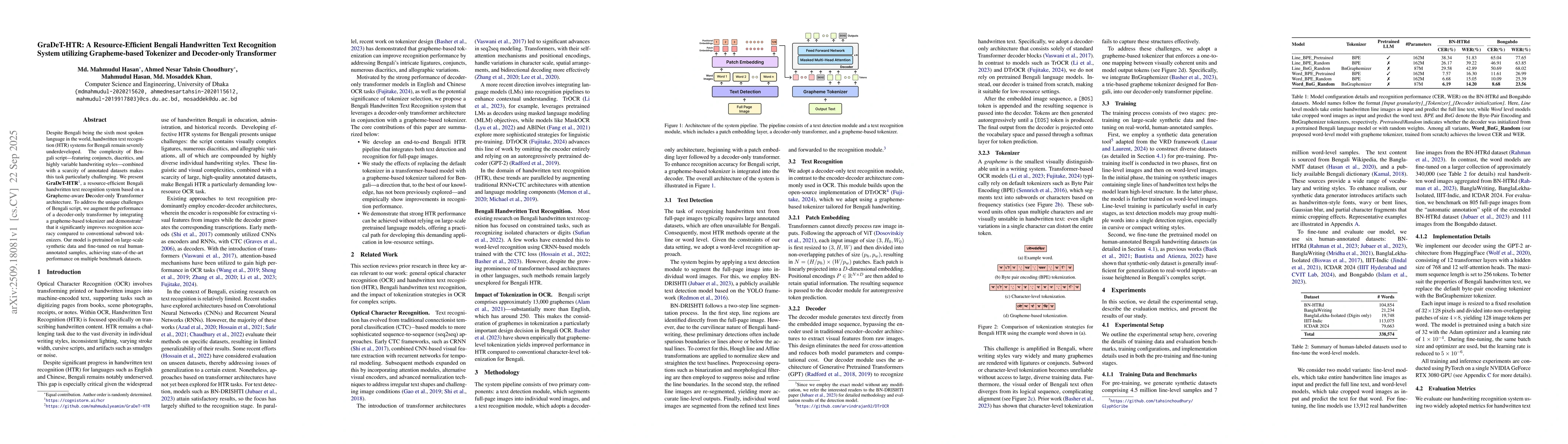 Thumbnail for GraDeT-HTR: A Resource-Efficient Bengali Handwritten Text Recognition
  System utilizing Grapheme-based Tokenizer and Decoder-only Transformer