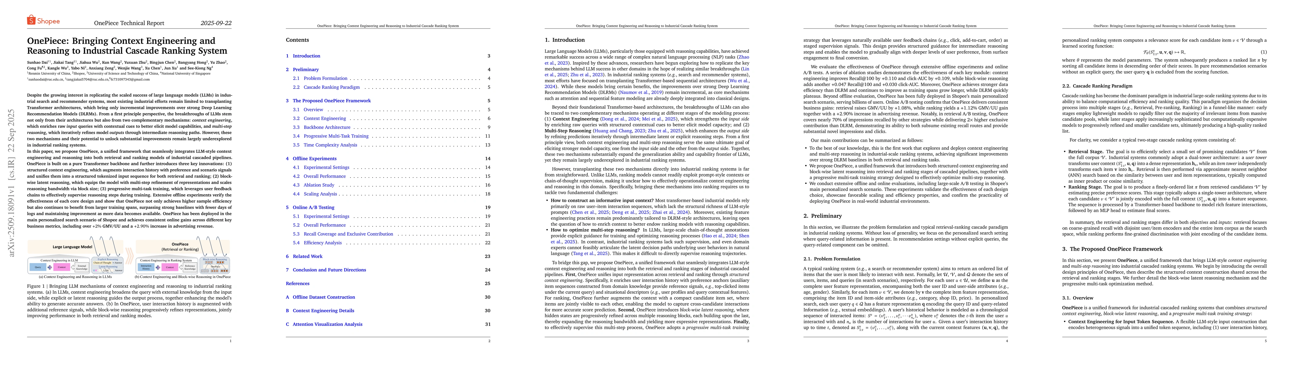 Thumbnail for OnePiece: Bringing Context Engineering and Reasoning to Industrial
  Cascade Ranking System