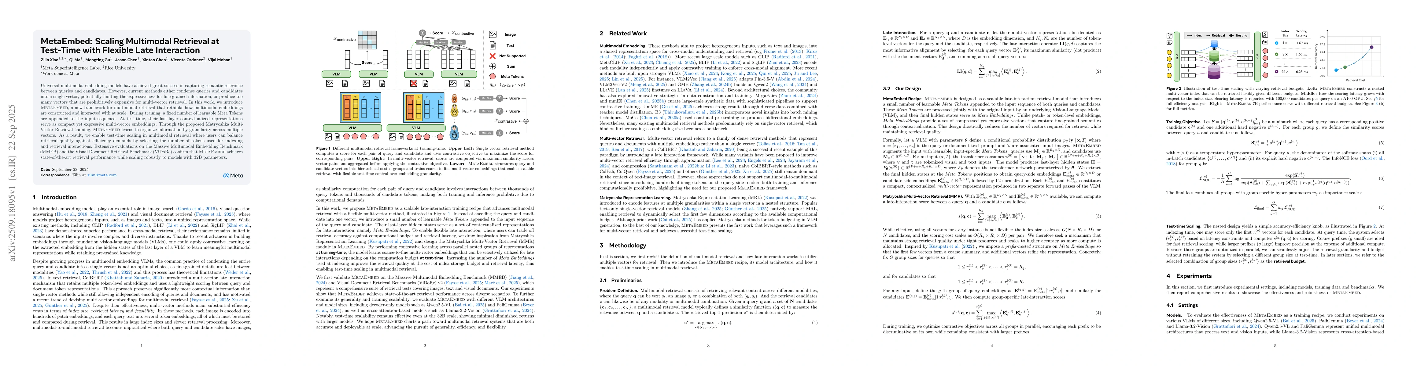 Thumbnail for MetaEmbed: Scaling Multimodal Retrieval at Test-Time with Flexible Late
  Interaction