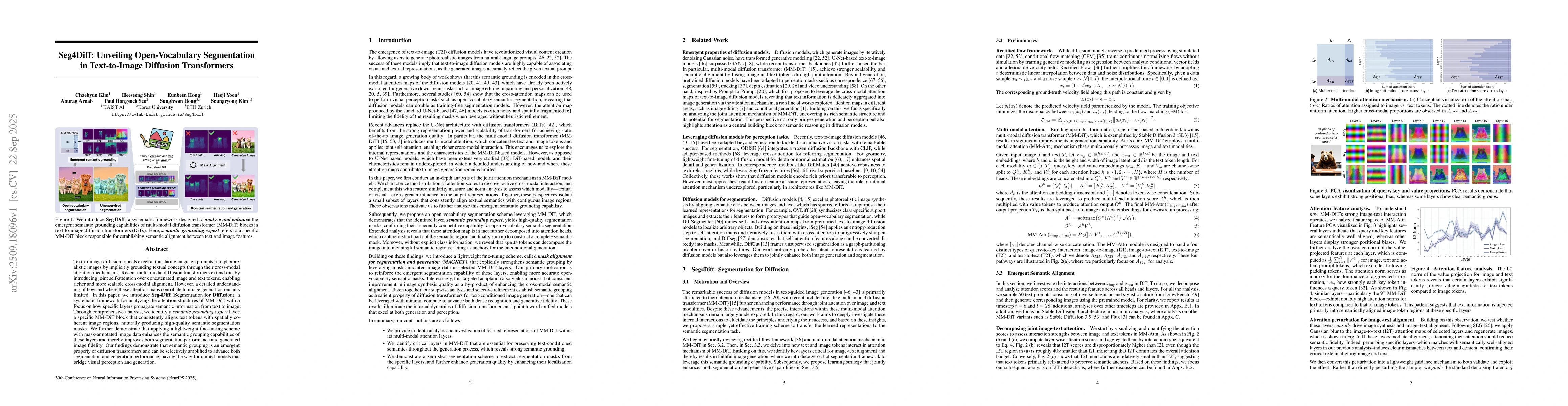 Thumbnail for Seg4Diff: Unveiling Open-Vocabulary Segmentation in Text-to-Image
  Diffusion Transformers