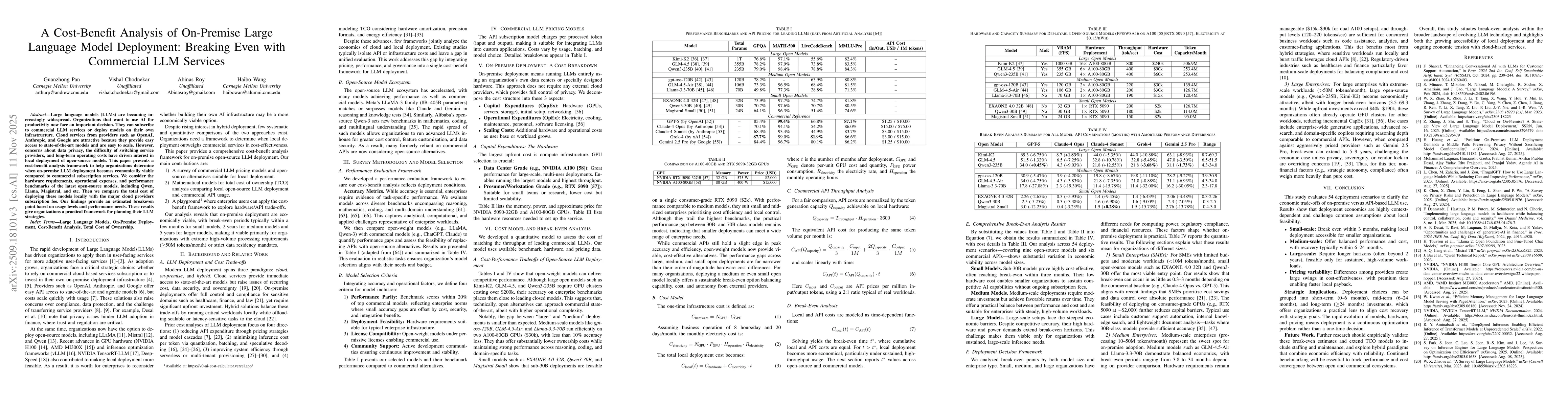 Thumbnail for A Cost-Benefit Analysis of On-Premise Large Language Model Deployment: Breaking Even with Commercial LLM Services