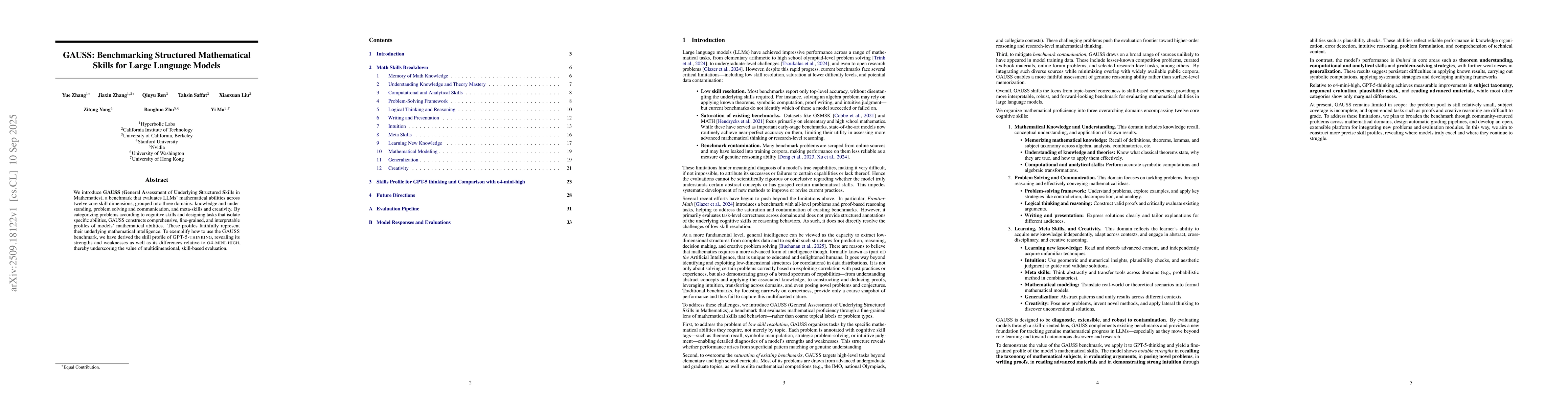 Thumbnail for GAUSS: Benchmarking Structured Mathematical Skills for Large Language
  Models