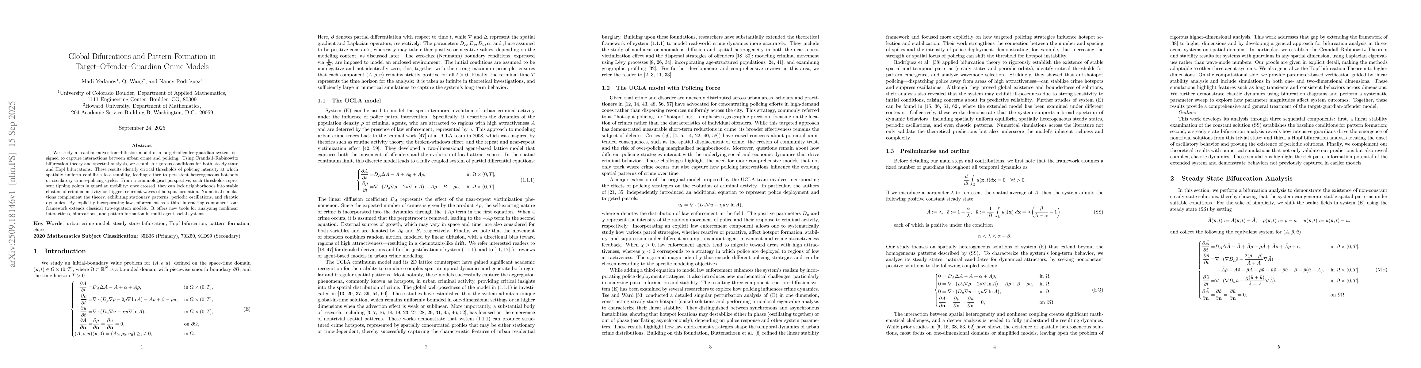 Thumbnail for Global Bifurcations and Pattern Formation in Target-Offender-Guardian
  Crime Models