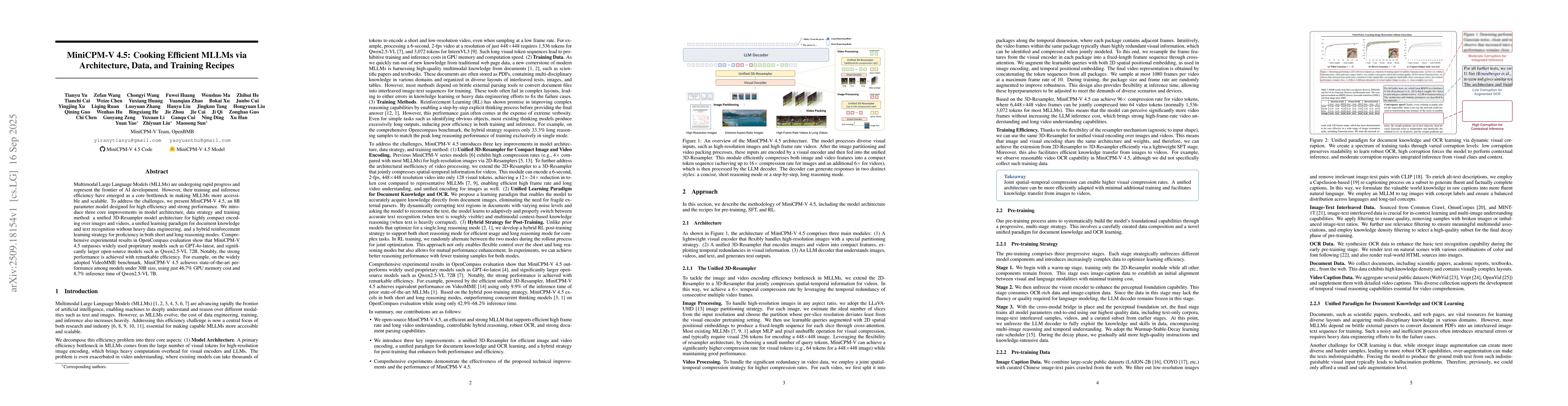 Thumbnail for MiniCPM-V 4.5: Cooking Efficient MLLMs via Architecture, Data, and
  Training Recipe