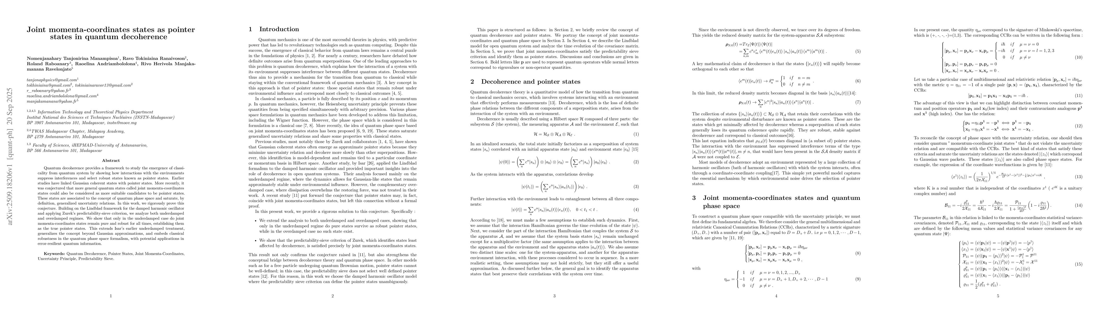 Thumbnail for Joint momenta-coordinates states as pointer states in quantum
  decoherence