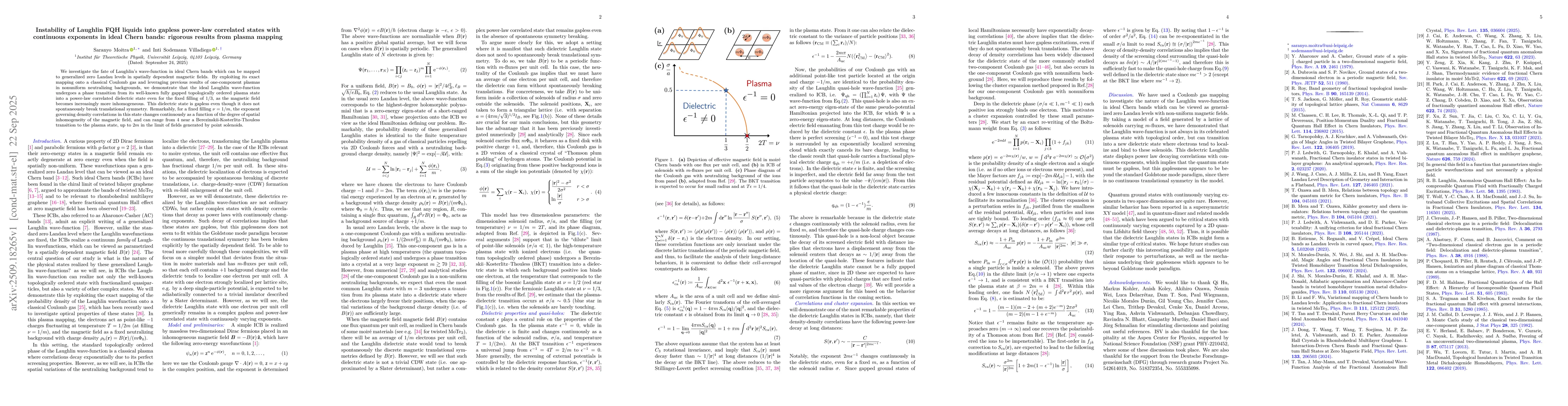 Thumbnail for Instability of Laughlin FQH liquids into gapless power-law correlated
  states with continuous exponents in ideal Chern bands: rigorous results from
  plasma mapping