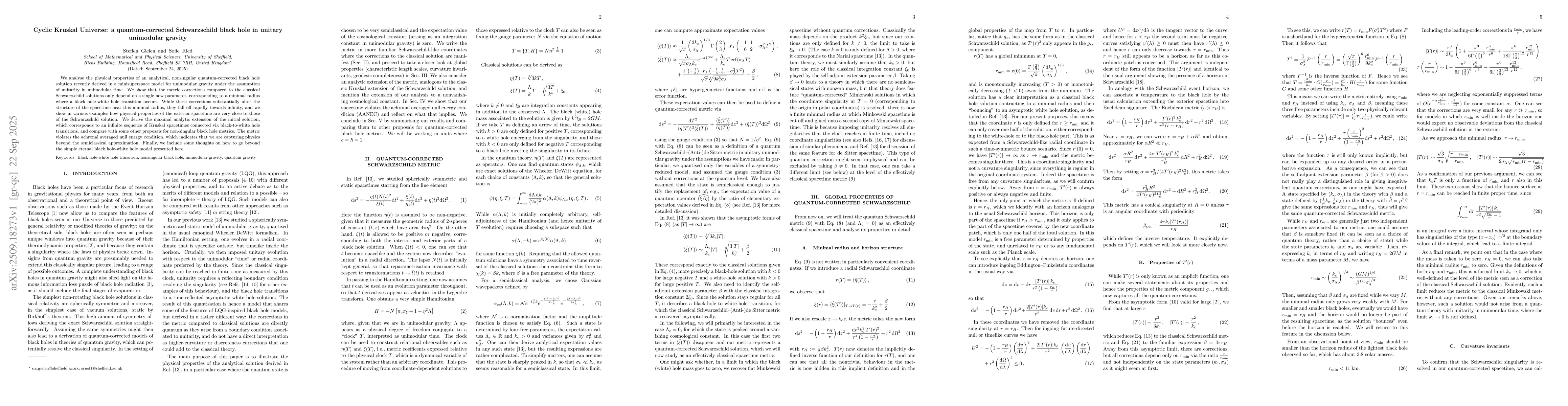 Thumbnail for Cyclic Kruskal Universe: a quantum-corrected Schwarzschild black hole in
  unitary unimodular gravity
