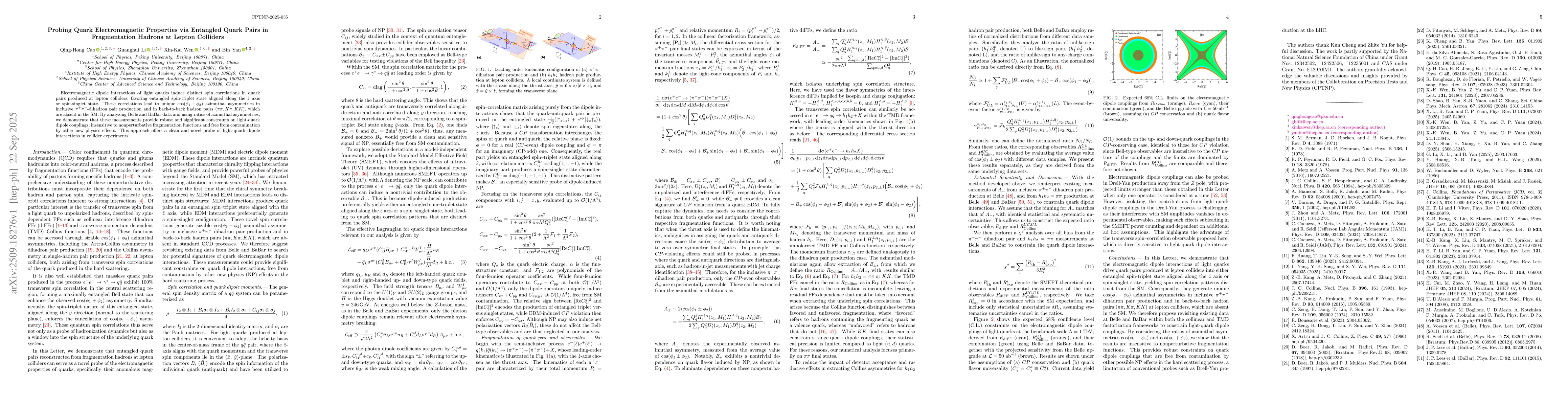Thumbnail for Probing Quark Electromagnetic Properties via Entangled Quark Pairs in
  Fragmentation Hadrons at Lepton Colliders