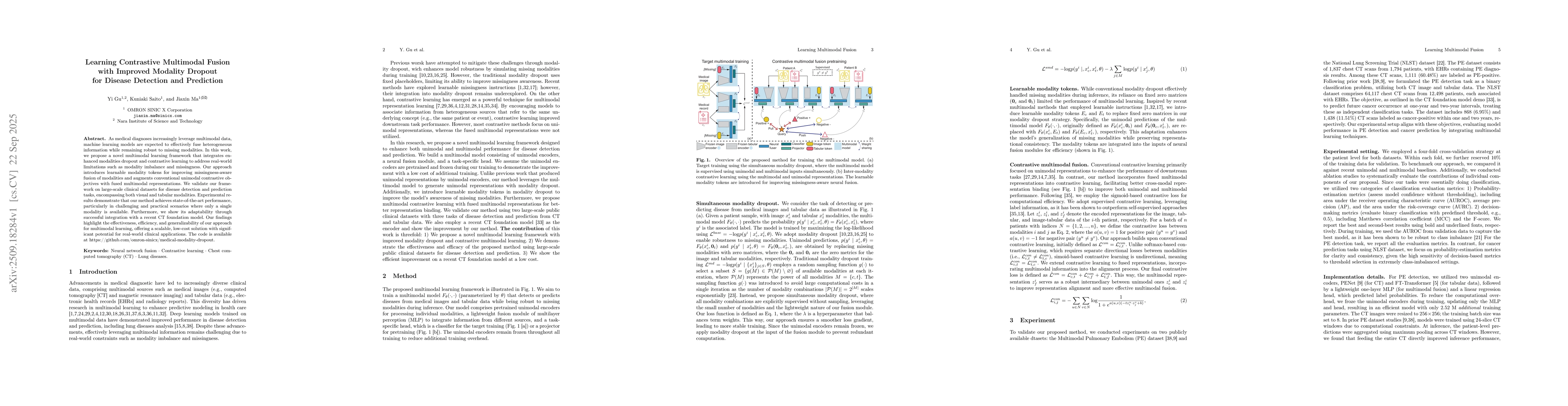 Thumbnail for Learning Contrastive Multimodal Fusion with Improved Modality Dropout
  for Disease Detection and Prediction