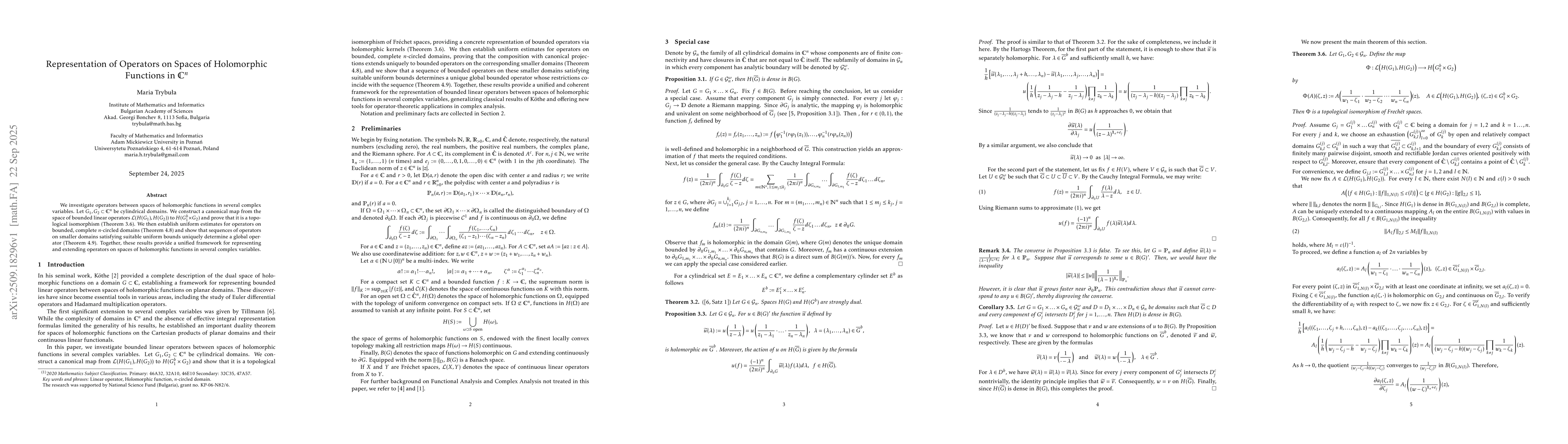 Thumbnail for Representation of Operators on Spaces of Holomorphic Functions in
  $\mathbb{C}^n$