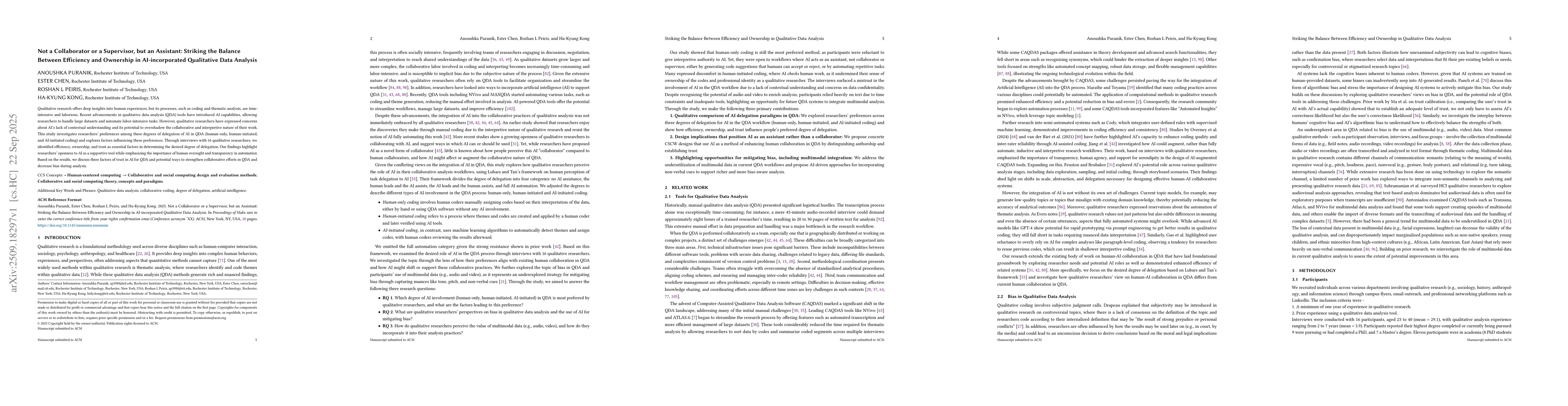 Thumbnail for Not a Collaborator or a Supervisor, but an Assistant: Striking the
  Balance Between Efficiency and Ownership in AI-incorporated Qualitative Data
  Analysis