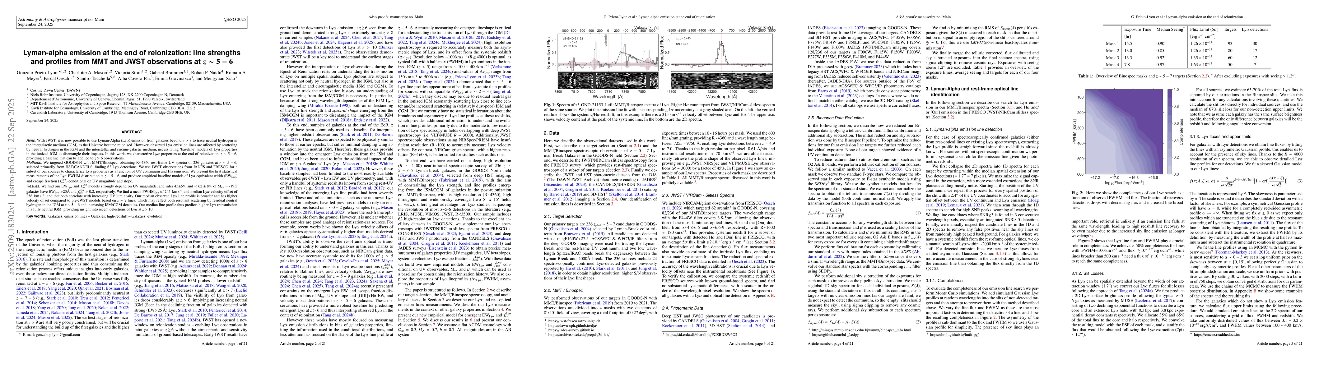 Thumbnail for Lyman-alpha emission at the end of reionization: line strengths and
  profiles from MMT and JWST observations at z~5-6