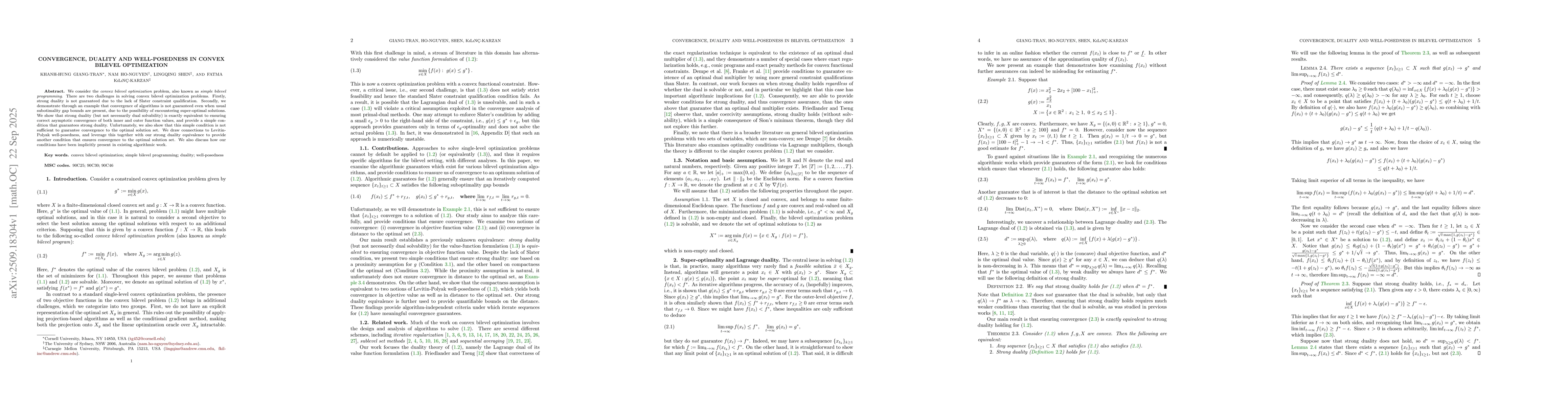 Thumbnail for Convergence, Duality and Well-Posedness in Convex Bilevel Optimization