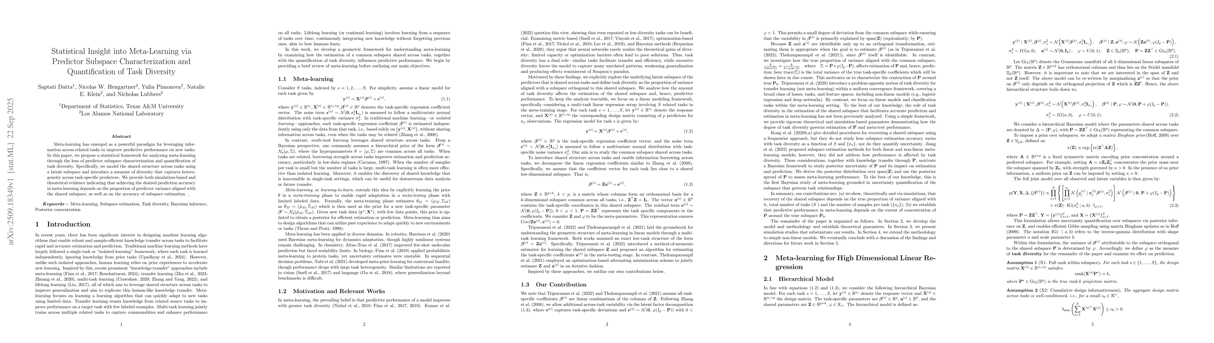 Thumbnail for Statistical Insight into Meta-Learning via Predictor Subspace
  Characterization and Quantification of Task Diversity