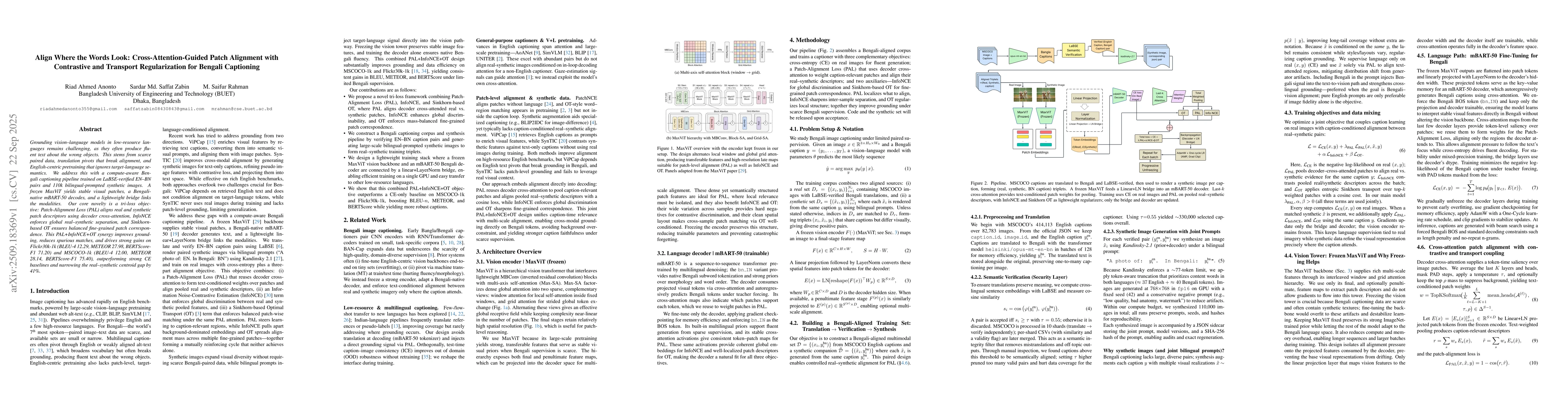 Thumbnail for Align Where the Words Look: Cross-Attention-Guided Patch Alignment with
  Contrastive and Transport Regularization for Bengali Captioning