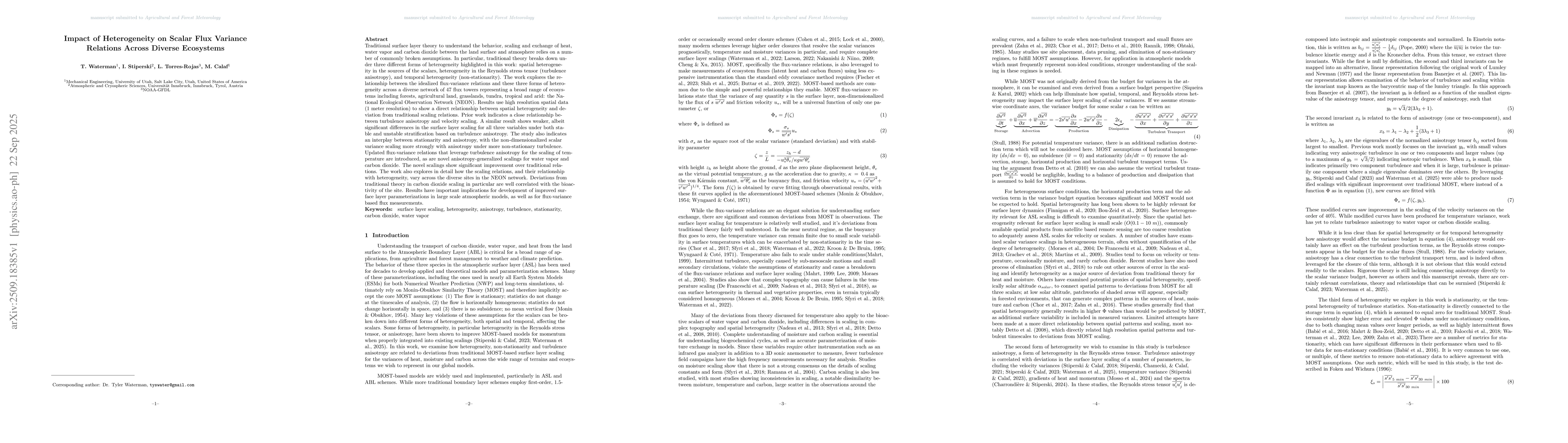 Thumbnail for Impact of Heterogeneity on Scalar Flux Variance Relations Across Diverse
  Ecosystems