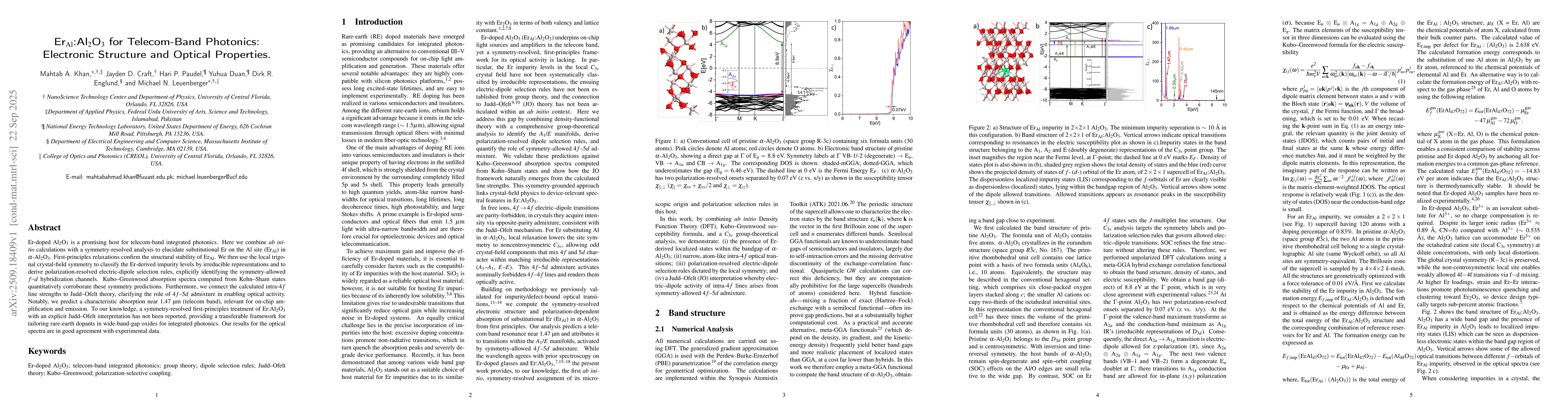 Thumbnail for Er$_\mathrm{Al}$:Al$_2$O$_3$ for Telecom-Band Photonics: Electronic
  Structure and Optical Properties
