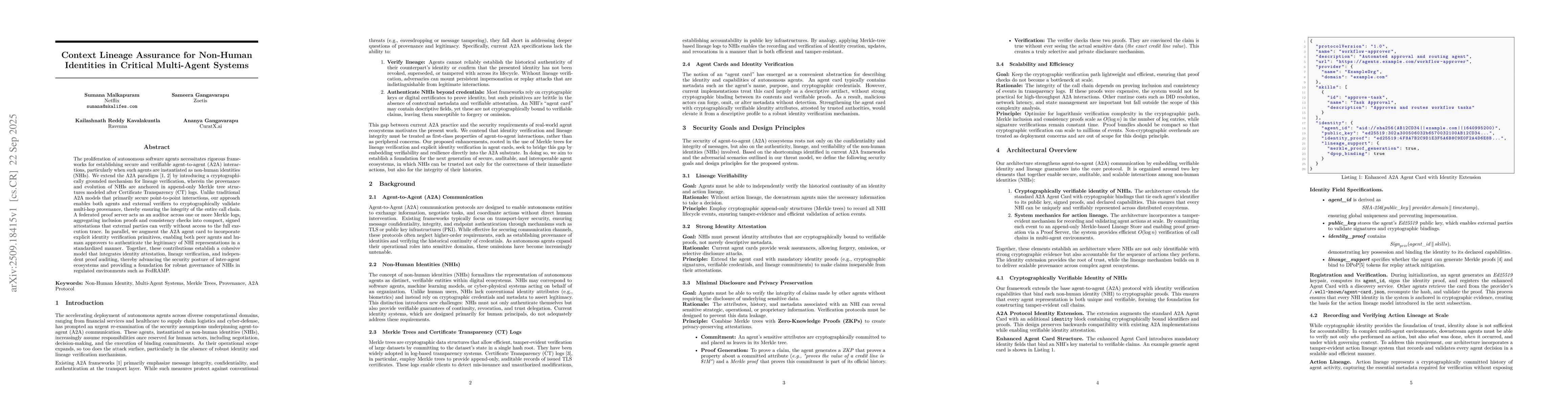 Thumbnail for Context Lineage Assurance for Non-Human Identities in Critical
  Multi-Agent Systems