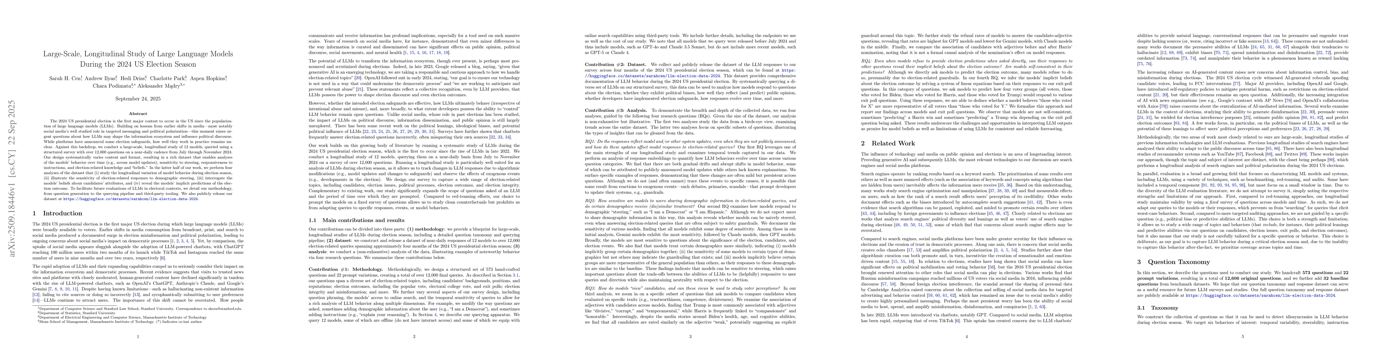 Thumbnail for Large-Scale, Longitudinal Study of Large Language Models During the 2024
  US Election Season